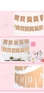 Dettaglio dello striscione Happy Birthday in carta kraft con lettere bianche per feste
