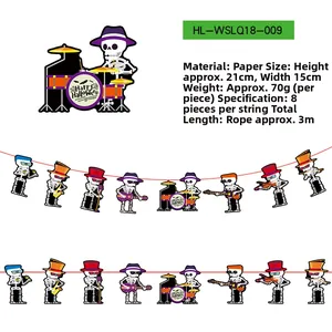 Detailed Halloween banner with skeleton band prints, includes 8 cards, 3 meters long