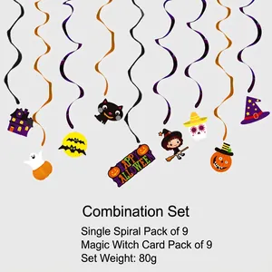 Halloween hanging swirl decorations set with cartoon ghost witch pumpkin bat and skull cards