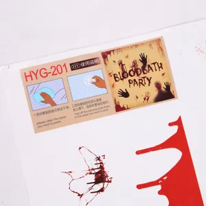 Detail of Halloween bloody handprint stickers and Bloodbath Party text on static decals