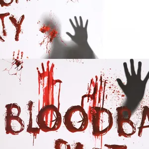 Detail of Halloween bloody handprint and bloodbath lettering stickers for window decor