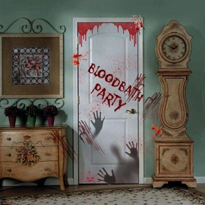 Halloween bloodbath party window cling featuring bloody handprints and splatters