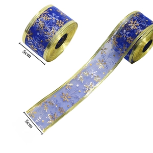 5cm Blue organza Christmas ribbon with gold snowflake prints for Xmas tree decoration