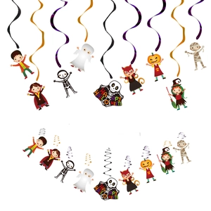 Halloween hanging swirl decorations featuring cartoon ghost, pumpkin and witch characters
