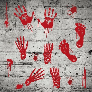 Detail of bloody handprints and footprints wall stickers for spooky Halloween decoration