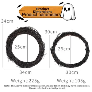 Size comparison of two black dry branch Halloween wreaths with weight and diameter details