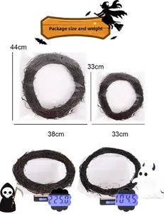 Size chart for black Halloween twig wreaths showing dimensions and weight in detail