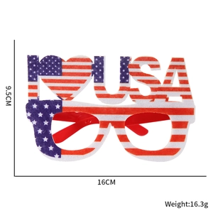 Detail view of I Love USA glitter glasses with American flag patterns for Independence Day