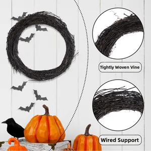 Detail of a dense black Halloween vine wreath with sturdy iron wire fixing structure