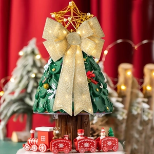 Large Light Up Christmas Bow Decoration LED Glitter PVC Tinsel Tree Topper Hanging Ornament For Door Wall