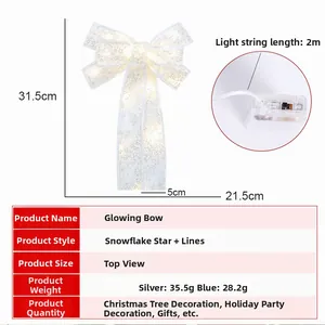 Luminous LED Christmas bow detail with silver star pattern and size specifications