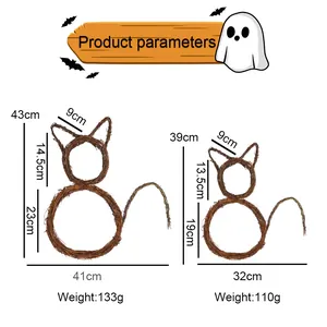 Size chart for two sizes of foldable cat-shaped wicker wreaths for Halloween party decor