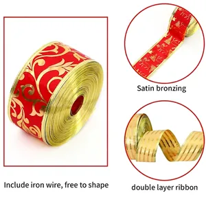 Red Christmas ribbon with gold foil vine patterns and internal flexible wire for DIY decor