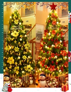 Detailed view of decorated red and gold Christmas trees with LED lights and ornaments