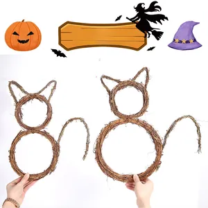 Detail of DIY natural rattan cat wreath frames for Halloween party decor