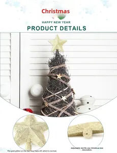 Detail of glitter gold Christmas tree topper star with adjustable base for secure mounting