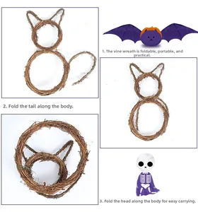 Three-step diagram showing the foldable process of a natural vine cat wreath base