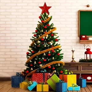 Close-up of red star tree topper on a fully decorated Christmas tree with gift boxes