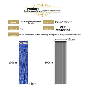 Detailed specs of blue PET foil fringe curtain measuring 15x100cm for party background