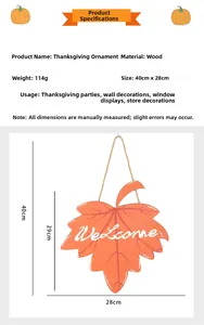 Detail of wooden maple leaf Welcome sign for Thanksgiving with jute rope and dimensions
