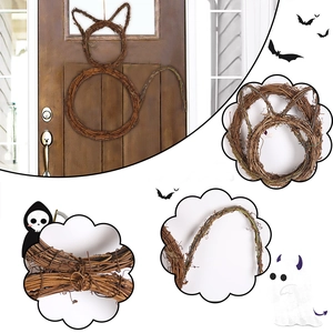 Cat-shaped woven rattan wreath for Halloween door decoration with realistic cat ears and tail