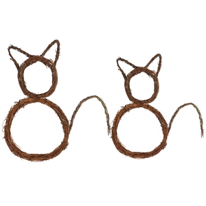 Set of two decorative woven cat-shaped wreaths made of natural dark brown twigs