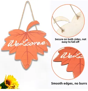 Detail of wooden maple leaf sign with smooth edges and secure twin-point rope hanging