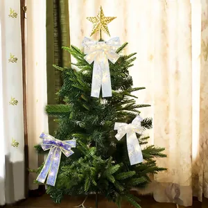 Luminous Christmas bow with LED lights for tree topper decoration in silver and gold mesh