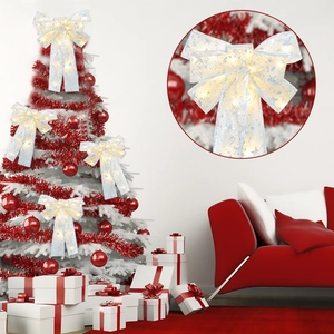 LED lighted Christmas bows with silver snowflake print and warm white mesh texture