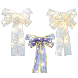 LED lighted Christmas bows with silver stars and gold snowflake patterns for tree decor
