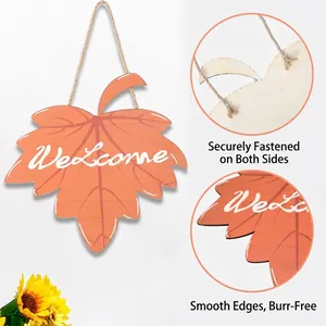Maple leaf shaped wooden welcome sign with rope hanger for Thanksgiving home decor