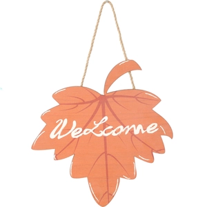 Orange wooden maple leaf welcome sign with hemp rope for autumn home door decor