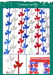 Detail of red, white and blue dove-shaped party streamers with shiny metallic finish