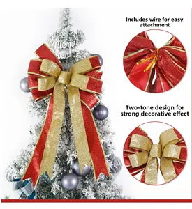 Detail of red and gold glitter Christmas bows with tie-wire for festive tree decoration