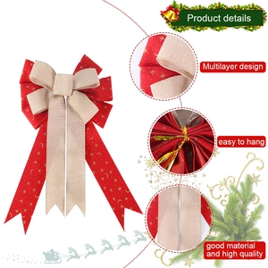 Lazo de árbol de Navidad rojo y beige con estrellas doradas y textura de yute rústica