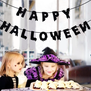 Pancarta negra de Happy Halloween con purpurina y letras de terror para decoración