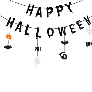 Pancarta Happy Halloween de fieltro con calabaza murciélago araña fantasma y calavera decor
