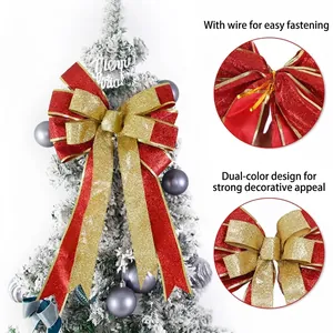 Dual-color red and gold glitter Christmas bow with wire ties for tree decoration