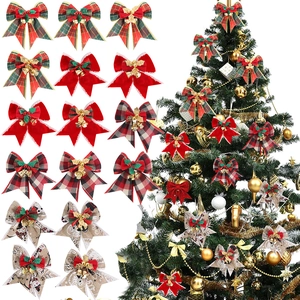 Christmas Decoration Bows With Small Gold Bells Berries And Plaid Patterns For Xmas Tree Hanging Ornaments Party Decor