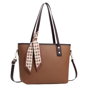 Retro brown leather bucket bag with houndstooth scarf and adjustable shoulder strap