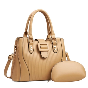 Two-piece khaki striped tote bag set with matching pouch and golden hardware accents