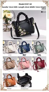 Detailed view of women's bag featuring floral embroidery and woven top handle texture