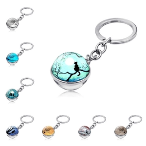 Vintage Zinc Alloy Glass Ball Keychain Moon Tree Branch Cat Silhouette Time Gem Double Sided Pendant Bag Charm Gift