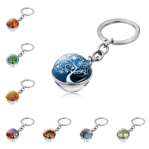 Tree Of Life Double Sided Glass Ball Keychain Zinc Alloy Artistic Vintage Keyring Bag Pendant Jewelry Gift