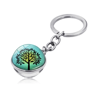 Detail of silver Tree of Life keychain with double-sided gradient glass ball pendant