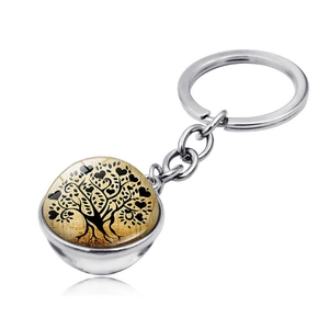 Tree of Life glass ball keychain with bronze alloy finish and vintage wood grain pattern