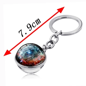 Solar system galaxy nebula glass ball keychain with silver metal ring and 7.9cm total length