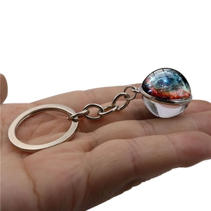 Solar system galaxy nebula glass ball keychain with silver metal ring and chain
