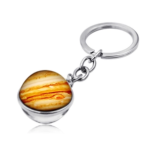 Detailed close-up of a silver keychain featuring a realistic Jupiter planet glass ball charm