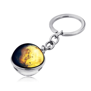 Detailed view of galaxy planet keychain with double-sided glass ball and golden martian texture